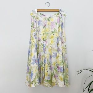 Vintage Silk Floral Midi Skirt Full High Waist Pleated Pastel A-Line Sheer Lined